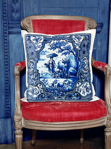 Velvet cushion with blue and white porcelain print