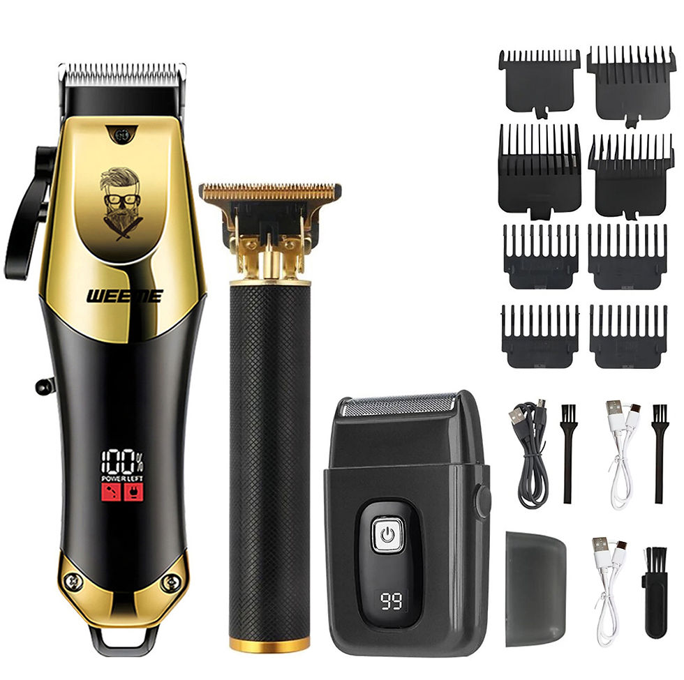 Miniatura: kit aparador de cabelo sem fio e barbeador com base dourada 3 em 1