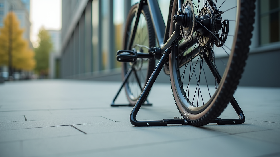 close-up view of bicycle with newly installed double-leg stand on a smooth surface