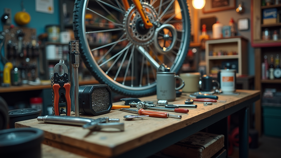 eye-level view of organized bicycle repair workspace with tools neatly arranged