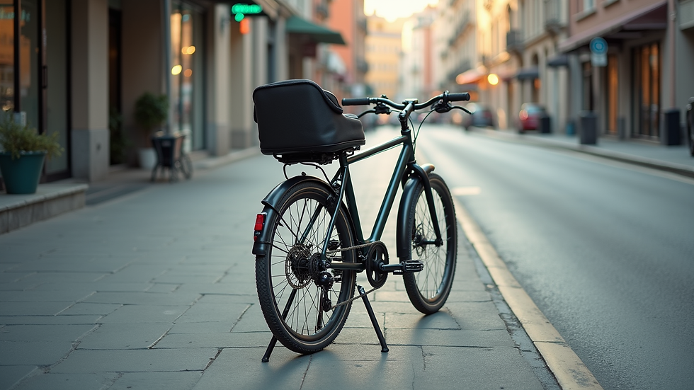 high angle view of a bicycle with a child seat and double-leg stand installed