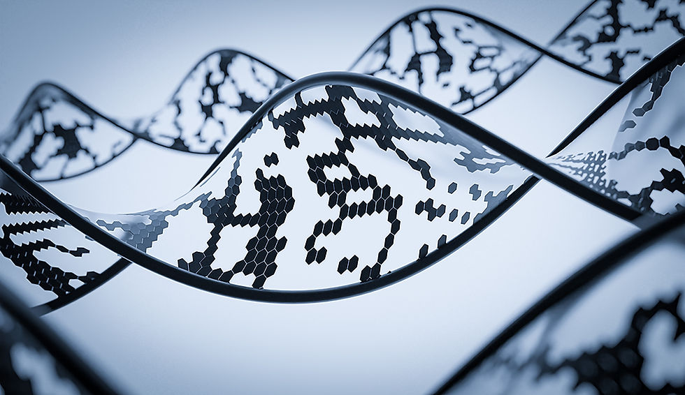 A DNA double helix with dispersed black hexagons between the helix strands.DNA and modern technology meet to help crack cold cases.