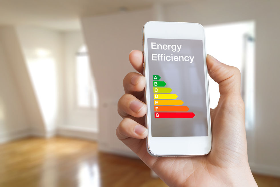 Energy efficiency rating on smartphone app by woman real estate agent and home interior in