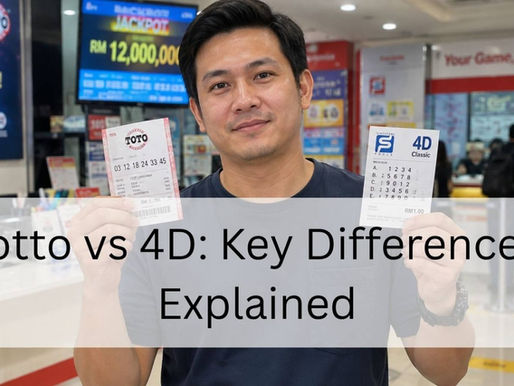 Man holding a lottery ticket in one hand and a 4D betting slip in the other at a lottery shop.