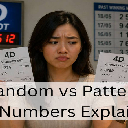 Woman in a lottery shop comparing two 4D betting slips, looking unsure while choosing between different number bets.