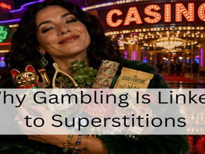 A stylish woman stands outside a brightly lit casino at night, smiling as she holds a collection of lucky charms including a golden maneki-neko cat, four-leaf clovers, horseshoes, coins, and amulets, with colorful neon lights glowing in the background.