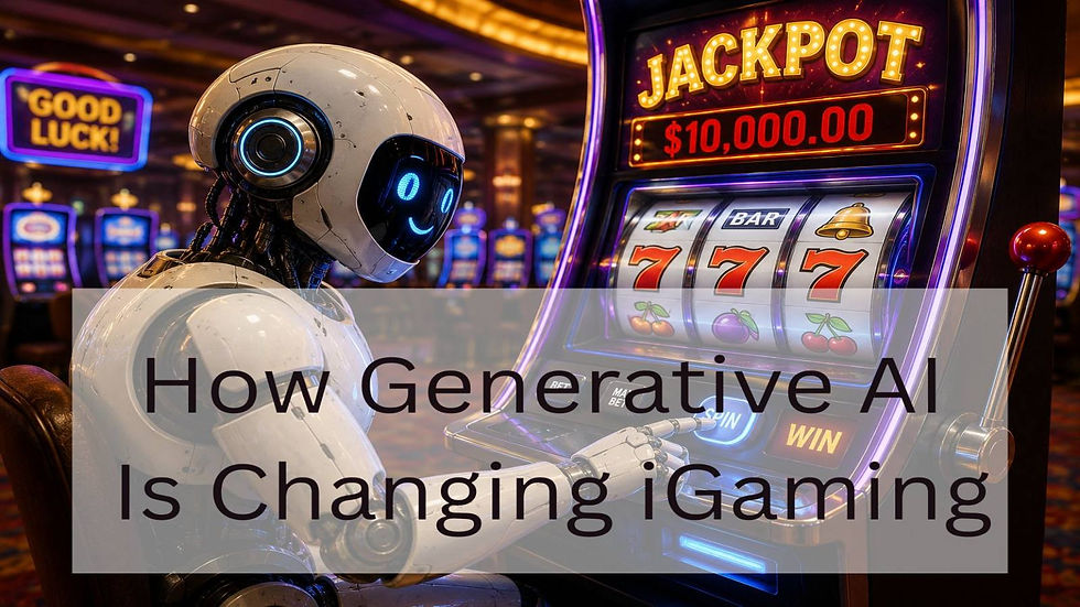A futuristic humanoid robot sits in a brightly lit casino, playing a slot machine with glowing reels showing triple sevens. The robot presses the illuminated spin button while a large jackpot display shines above the machine. Neon lights, colourful slot machines, and a vibrant casino atmosphere fill the background, creating a high-tech gambling scene.