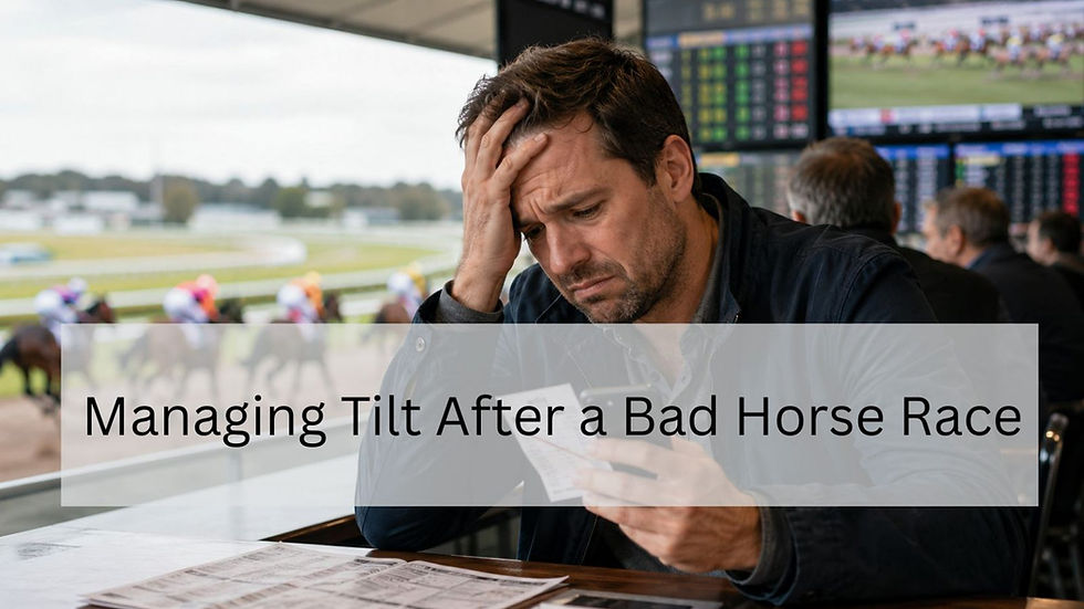 Frustrated man holding a losing horse betting slip and phone at a racetrack betting lounge, with horses racing and odds screens in the background.