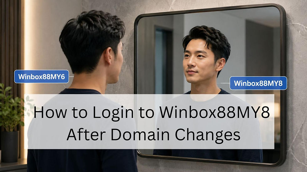 A man staring at his reflection in the mirror. The man is labeled 'Winbox88my6' while his reflection is 'Winbox88my8', representing the website redirection.