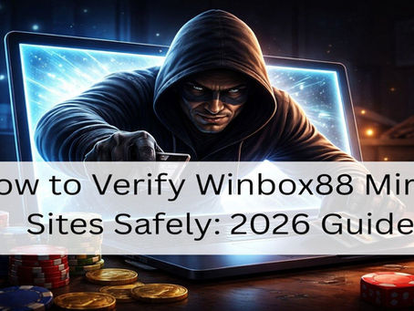 Realistic illustration of a hooded thief emerging from a glowing laptop screen, reaching for credit cards beside poker chips and dice in a dark room.