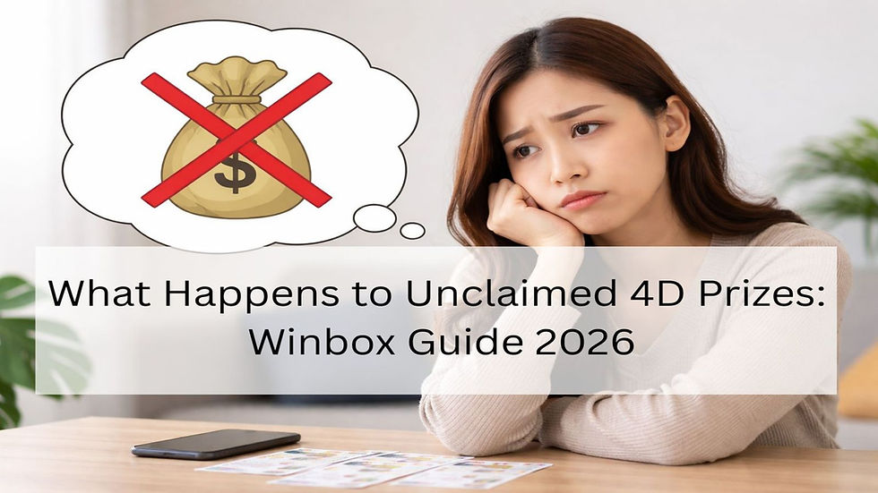 Sad woman sitting at a table with lottery tickets and a phone, thinking about lost money as a crossed-out money bag appears in a thought bubble above her head.