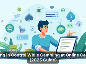 A cartoon graphic of a man, surrounded by gambling symbols (aces, dollar signs, etc), as he uses his laptop.