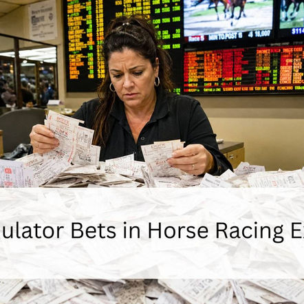 Woman sorting through a huge pile of betting slips at a busy horse racing betting counter with odds boards and race screens in the background.