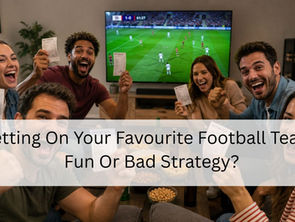 Excited group of friends holding betting slips while watching a football match on television.