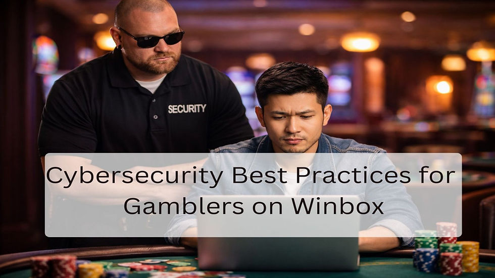 A casino security guard stands protectively behind a man using a laptop at a casino table, symbolising strong cybersecurity and account protection for online gambling.