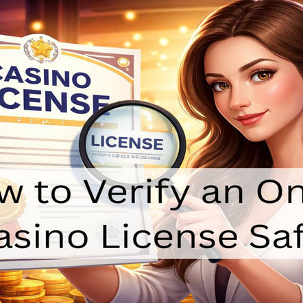 Woman using a magnifying glass to inspect a casino license document in a bright casino setting, symbolizing verification and trust in online gaming.