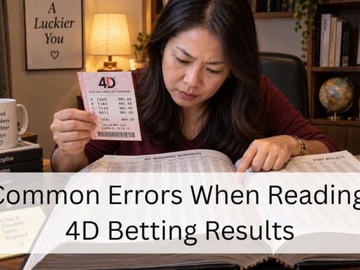 Woman carefully cross-checking her winning 4D betting ticket against a large book of past results.