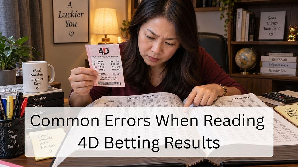 Woman carefully cross-checking her winning 4D betting ticket against a large book of past results.