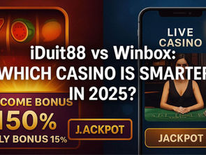 dynamic 16:9 visual comparing iDuit88 vs Winbox. Left panel has iDuit88 branding, slot reels, initial bonus promo banners; right panel has Winbox branding with clean UI, mobile screen showing live dealer, security (shield) icon, jackpot banners. Use contrasting colours: e.g. iDuit88 side warm/gold tones, Winbox side cooler blue/gold tones. Add overlay text: “iDuit88 vs Winbox: Which Casino Is Smarter in 2025?”