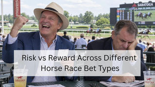 Two horse racing bettors sitting side by side, with one cheering a winning bet while the other looks disappointed.