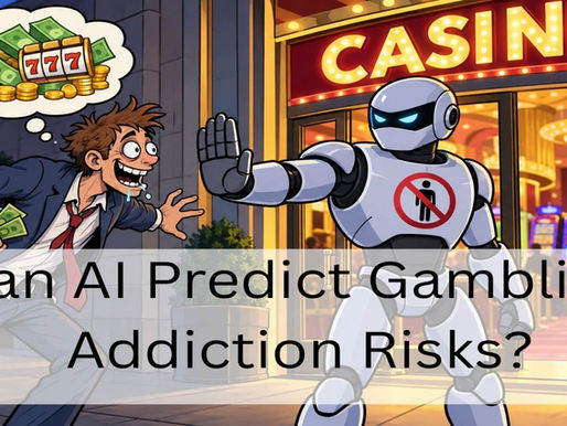 Cartoon robot stopping a manic-looking man from entering a casino while he imagines gambling winnings.