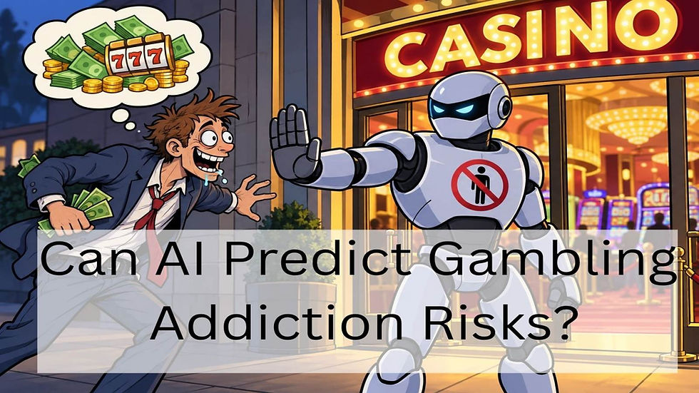 Cartoon robot stopping a manic-looking man from entering a casino while he imagines gambling winnings.