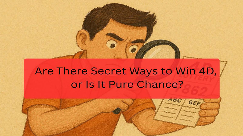 A man in an orange shirt examines a 4D lottery ticket closely with a magnifying glass, concentrating on the printed numbers in a warm illustrated scene.