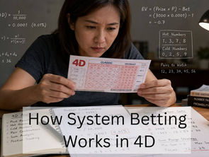 Woman studying a 4D lottery slip at a desk with probability equations, number combinations, handwritten notes, and a calculator around her.