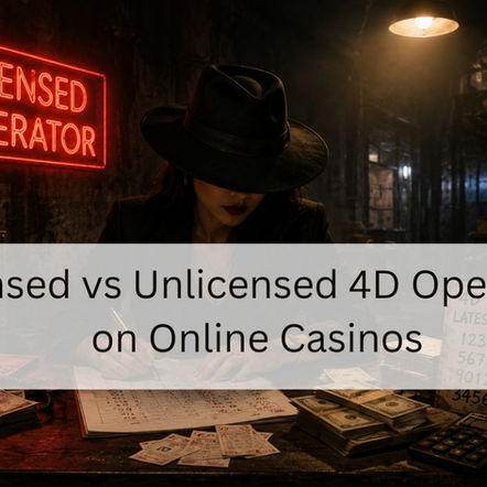 A mysterious woman in a dark hat sits at a cluttered desk in a dimly lit room, surrounded by cash, betting slips, and neon signage reading “Unlicensed 4D Operator,” creating the atmosphere of an underground illegal gambling operation.