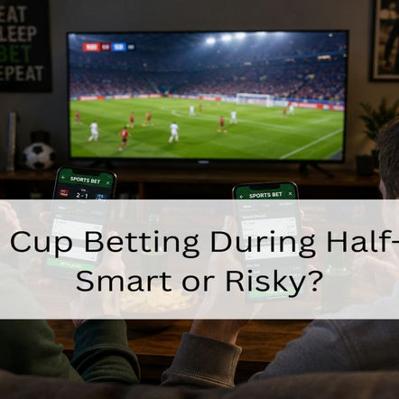 Two football fans sitting on a sofa, placing live bets on their smartphones while watching a football match on a large television screen, with snacks and drinks on the table in front of them.