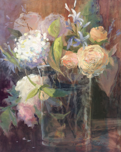 loose flower shapes tumbling from a contemporary vase
