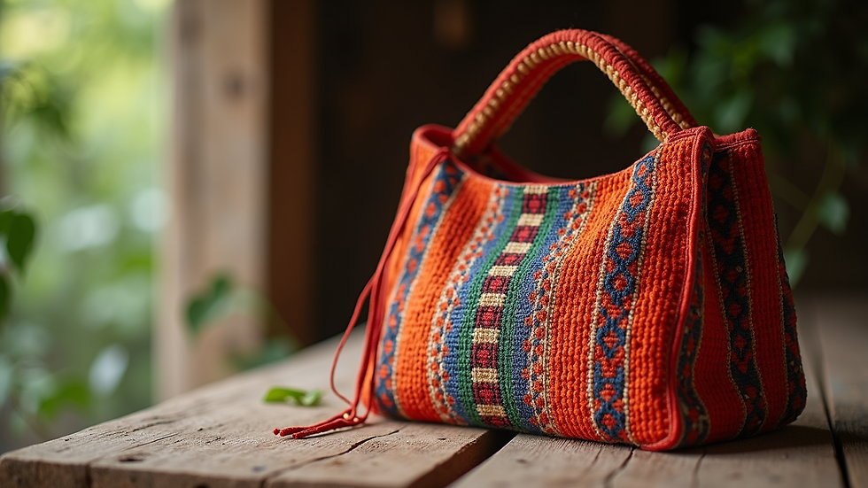 Close-up view of a vibrant Wayuu bag on a rustic table