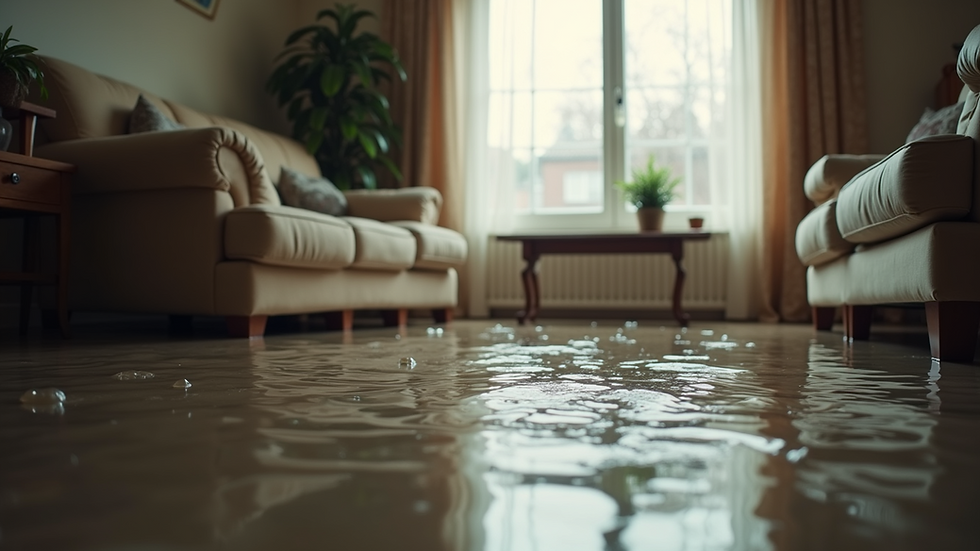 Eye-level view of a flooded living room with water damage