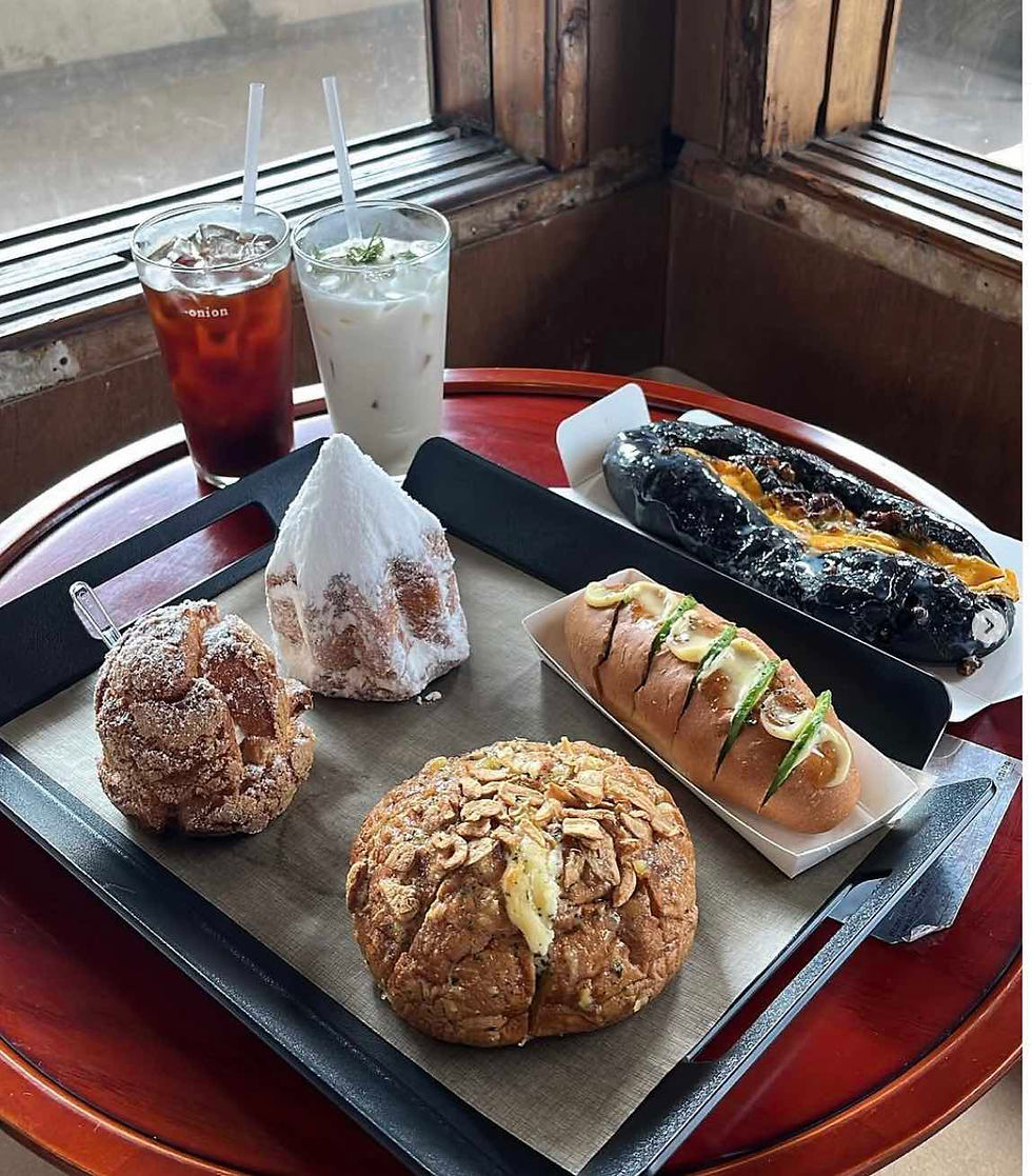 iced latte, milkshake, snow-dusted bread and hot dogs