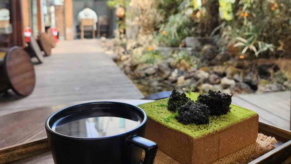 matcha cake and tea in a cafe area surrounded by trees