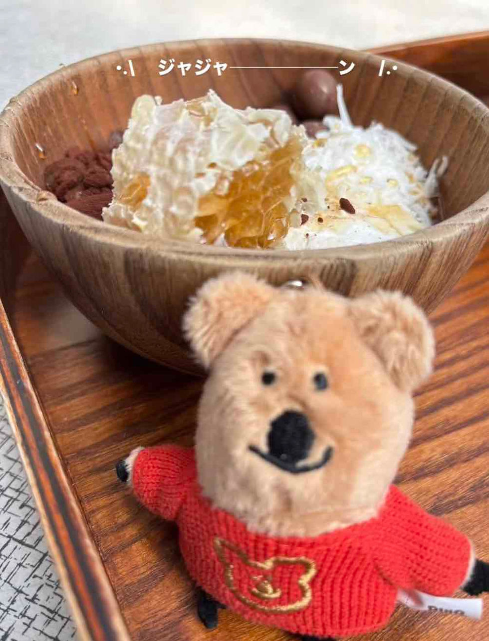 fruit yoga bowl and a bear toy