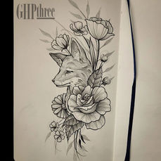 A graphite pencil drawing in a sketchbook, depicting a tattoo design featuring a fox with a peony, a daisy, and poppy flowers surrounding it, created by Gail Perry GHPthree.