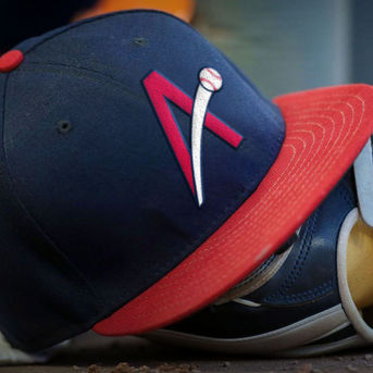 Navy Blue Baseball Hat With Red Bill Featuring Redesigned Atlanta Braves "A" Logo