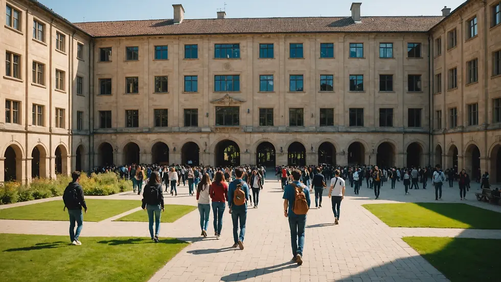Wide angle view of a university campus with international students gathering in the courtyard.