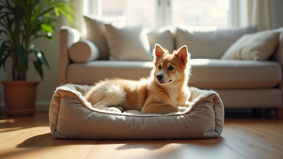 Eye-level view of a cozy pet bed in a well-lit living room