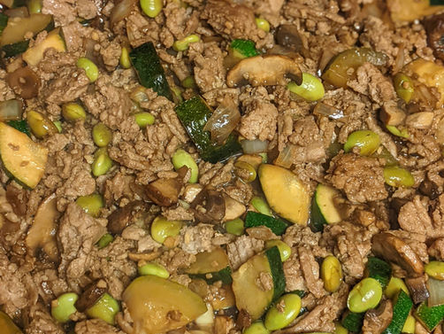 Savory Garlic Soy Ground Turkey, Zucchini, Mushrooms, and Edamame Stir Fry