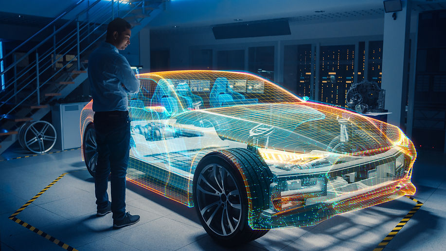 In Automotive Innovation Facility Automobile Design Engineer Working on 3D Holographic Mod