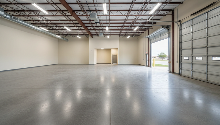 Wide-angle view of an empty flex warehouse unit with open floor space
