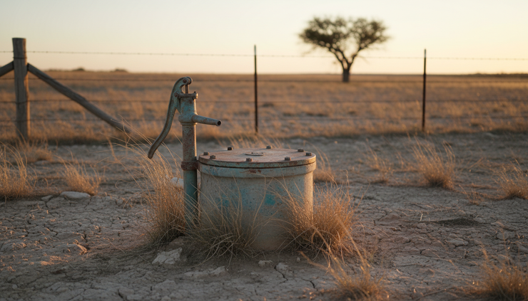 Close-up view of a water well head on dry Texas ranchland