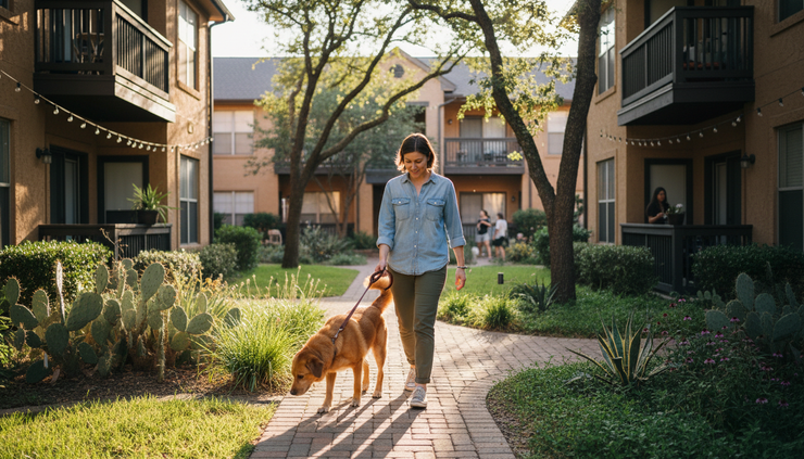 Eye-level view of a renter walking a dog through an apartment courtyard in Austin