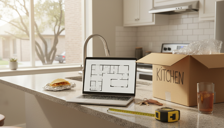 Wide-angle view of a laptop showing apartment floor plans beside keys and a moving box