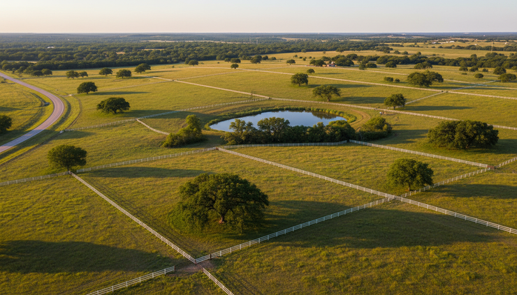 Aerial view of open Texas acreage with fence lines and scattered oak trees.
