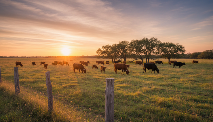 Wide-angle view of cattle grazing on open Texas pastureland