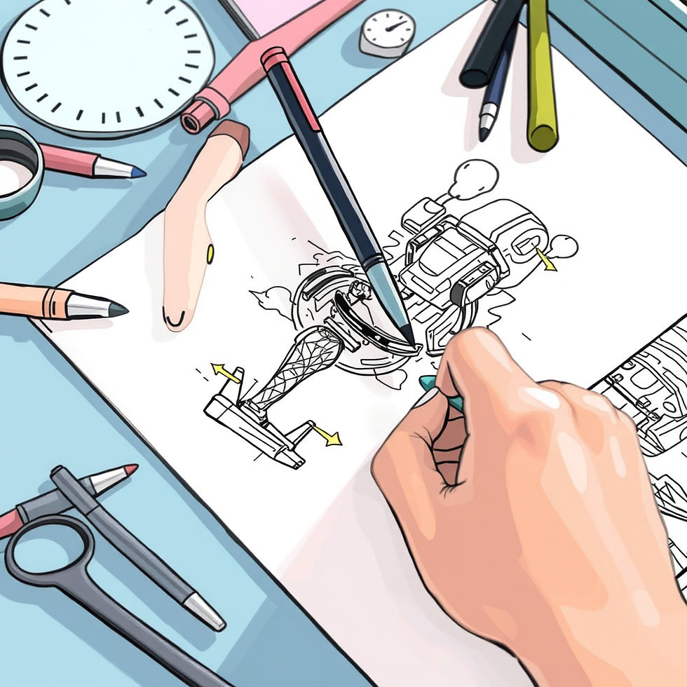 Close-up of a hand sketching a new design on paper with creative tools around