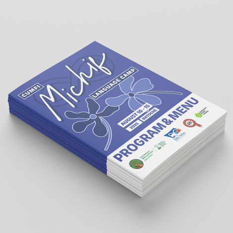 Encore Graphics collaborated once again with CUMFI’s Michif Language Camp in 2025 to design their program and menu. Using bold, vivid blues inspired by the Métis flag, the design is visually engaging, clear, and accessible for participants of all ages.